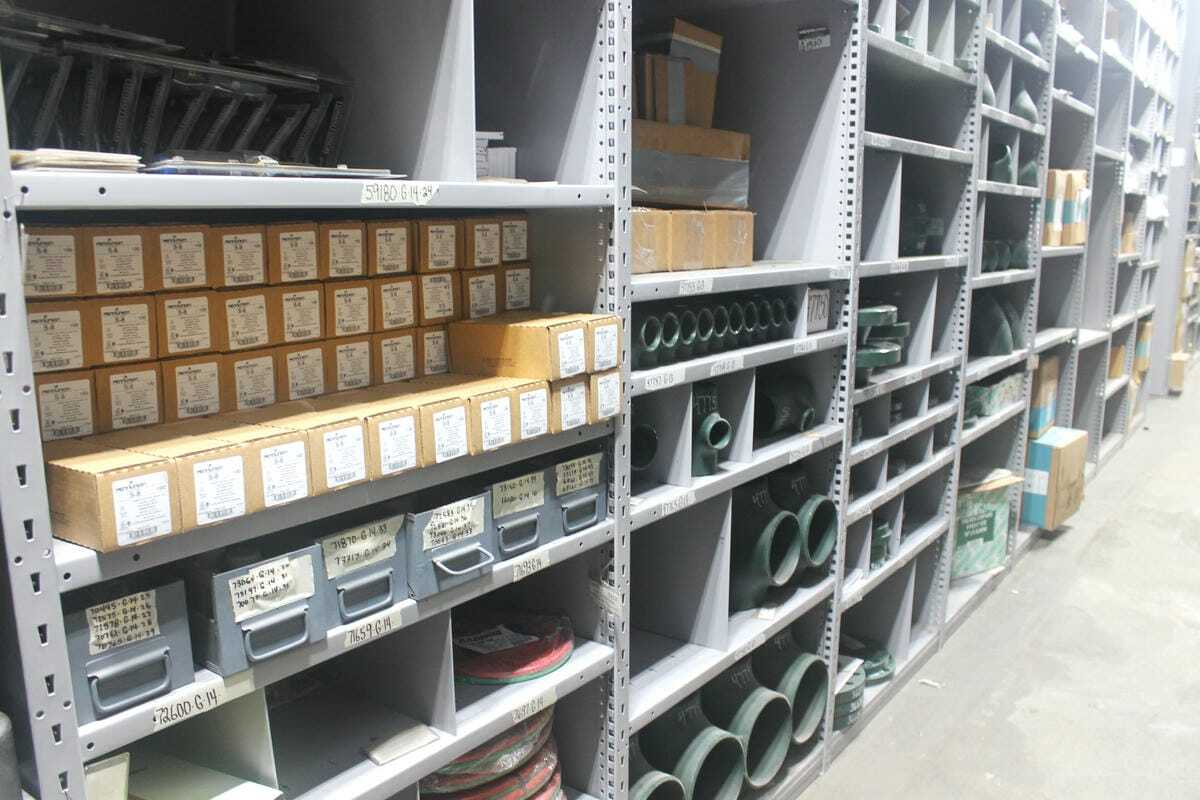 Wide angle view of custom industrial shelving system